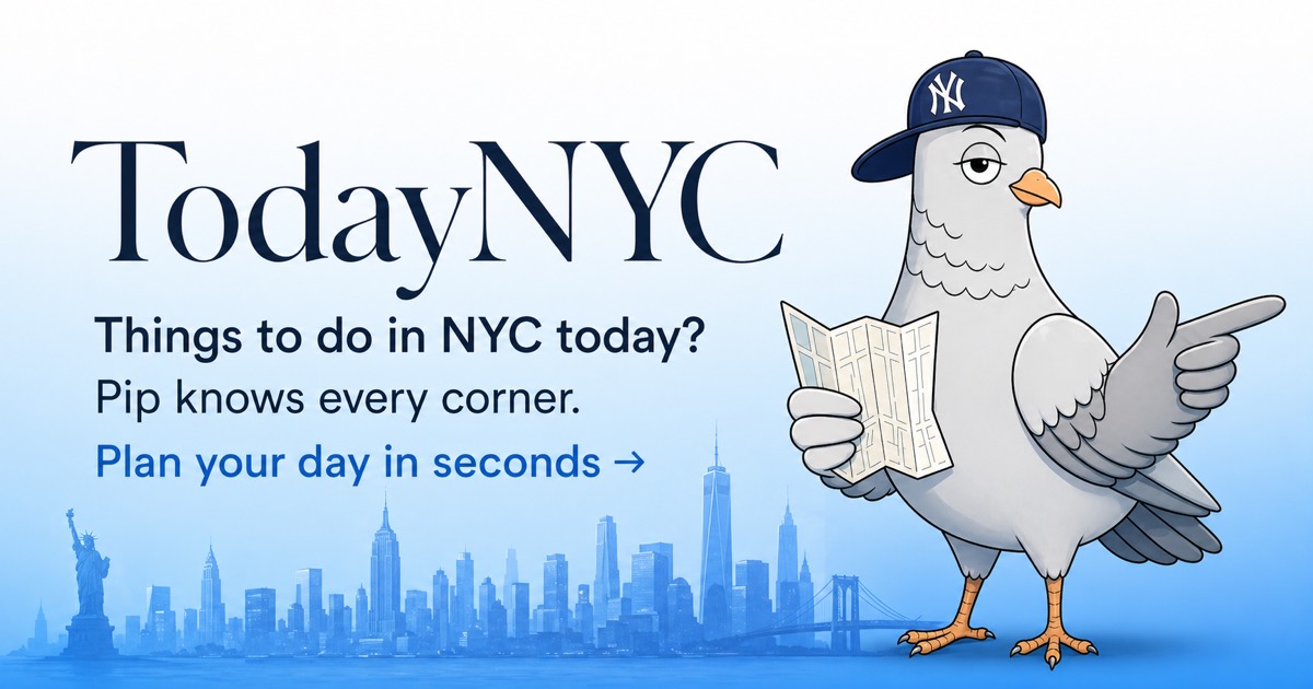 Pip, TodayNYC's NYC pigeon guide mascot, pointing toward the TodayNYC planner message.