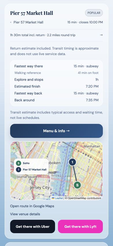 A real TodayNYC two-hour plan for Pier 57, showing travel estimates, venue information and the route map